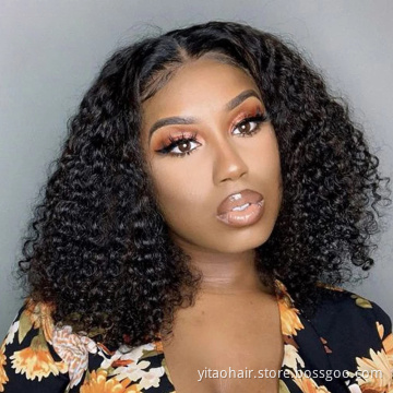 Wholesale Price Nautral Black Kinky curly Bob wigs for black women Synthetic hair  transparent lace curly bob Wigs Vendor